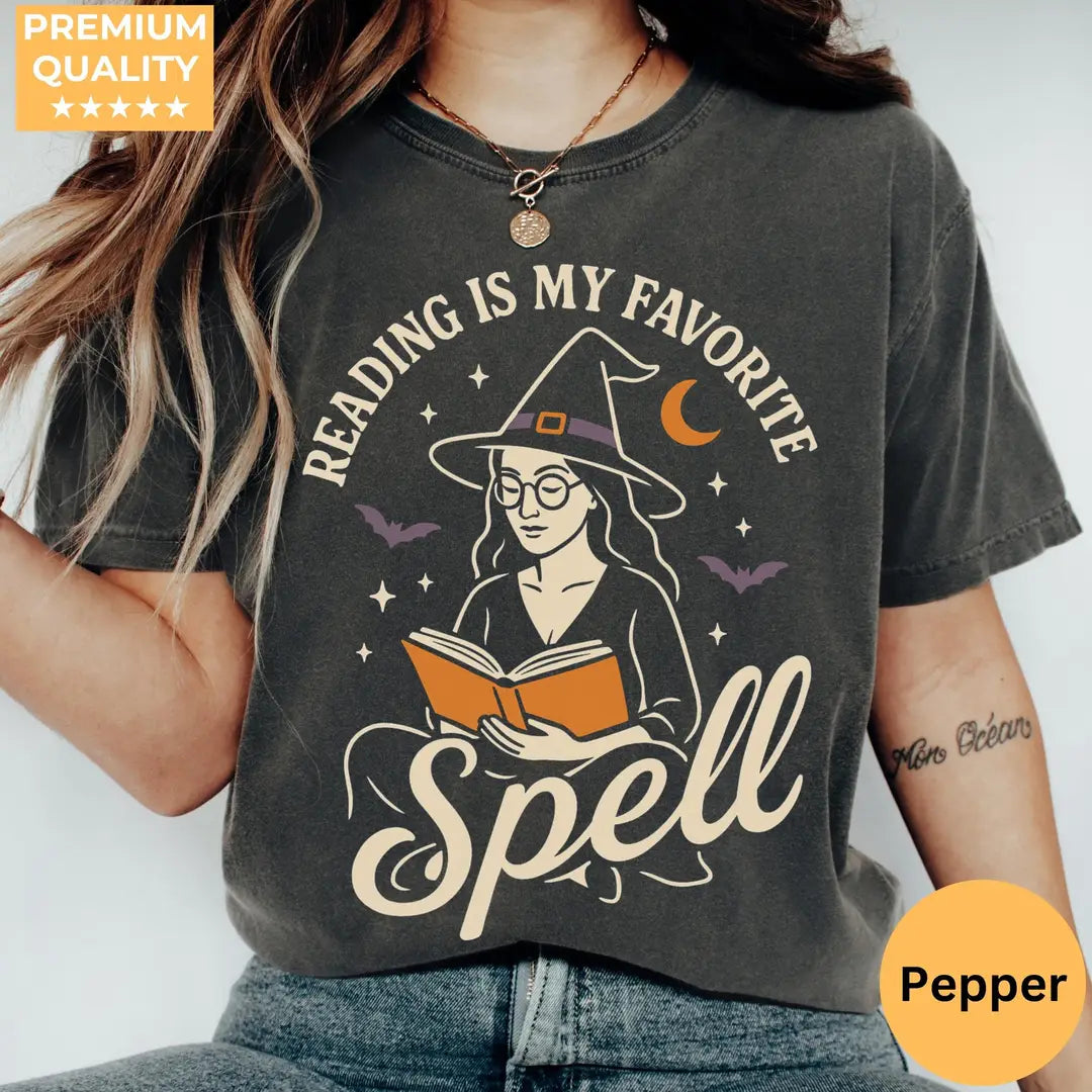 Reading Is My Favorite Spell - Witch Book Lover Comfort Colors T-Shirt hero view in Pepper.