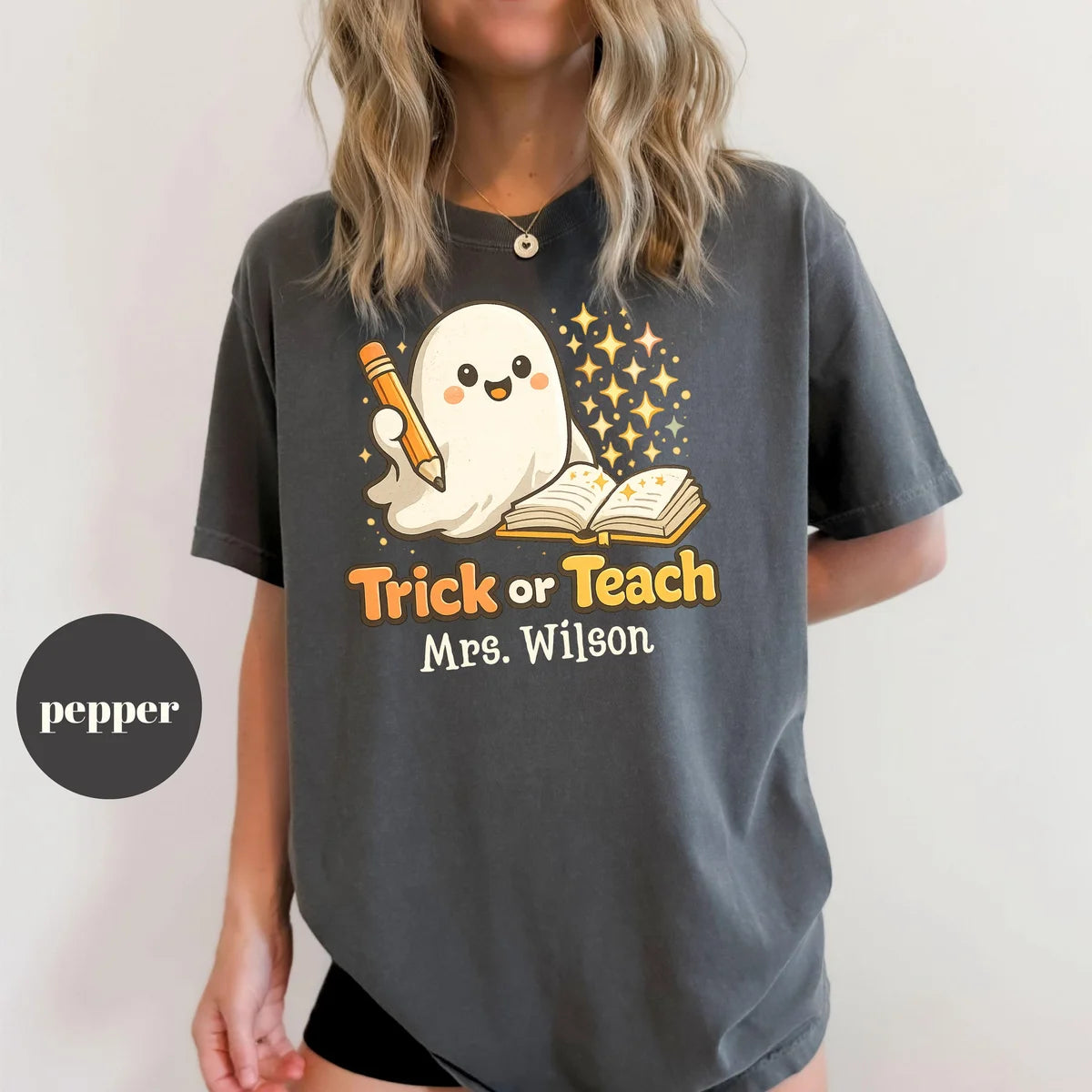 Pepper Comfort Colors 1717 T-shirt with Halloween Teacher design view 2