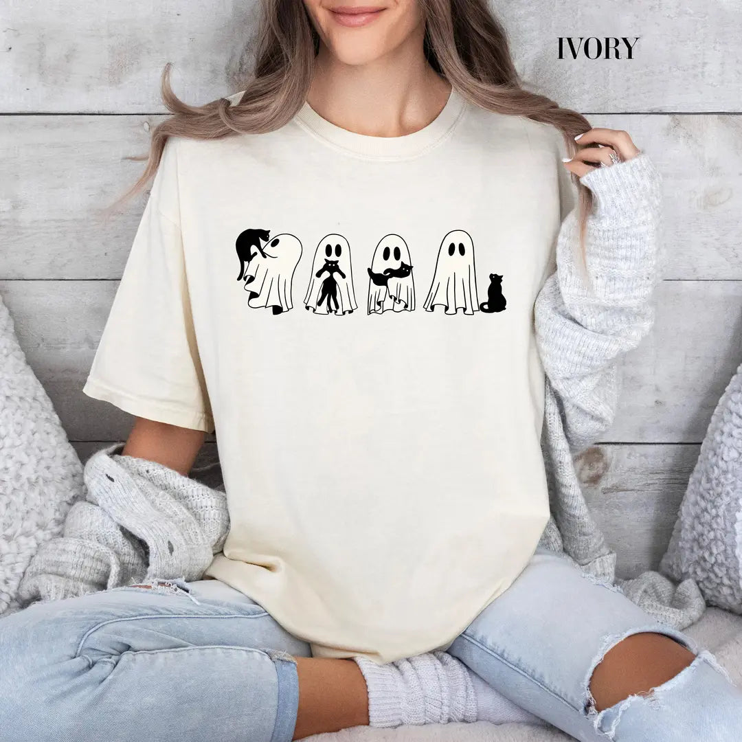 Comfort Colors 1717 T-shirt with Halloween Black Cat and Ghost design alternate view