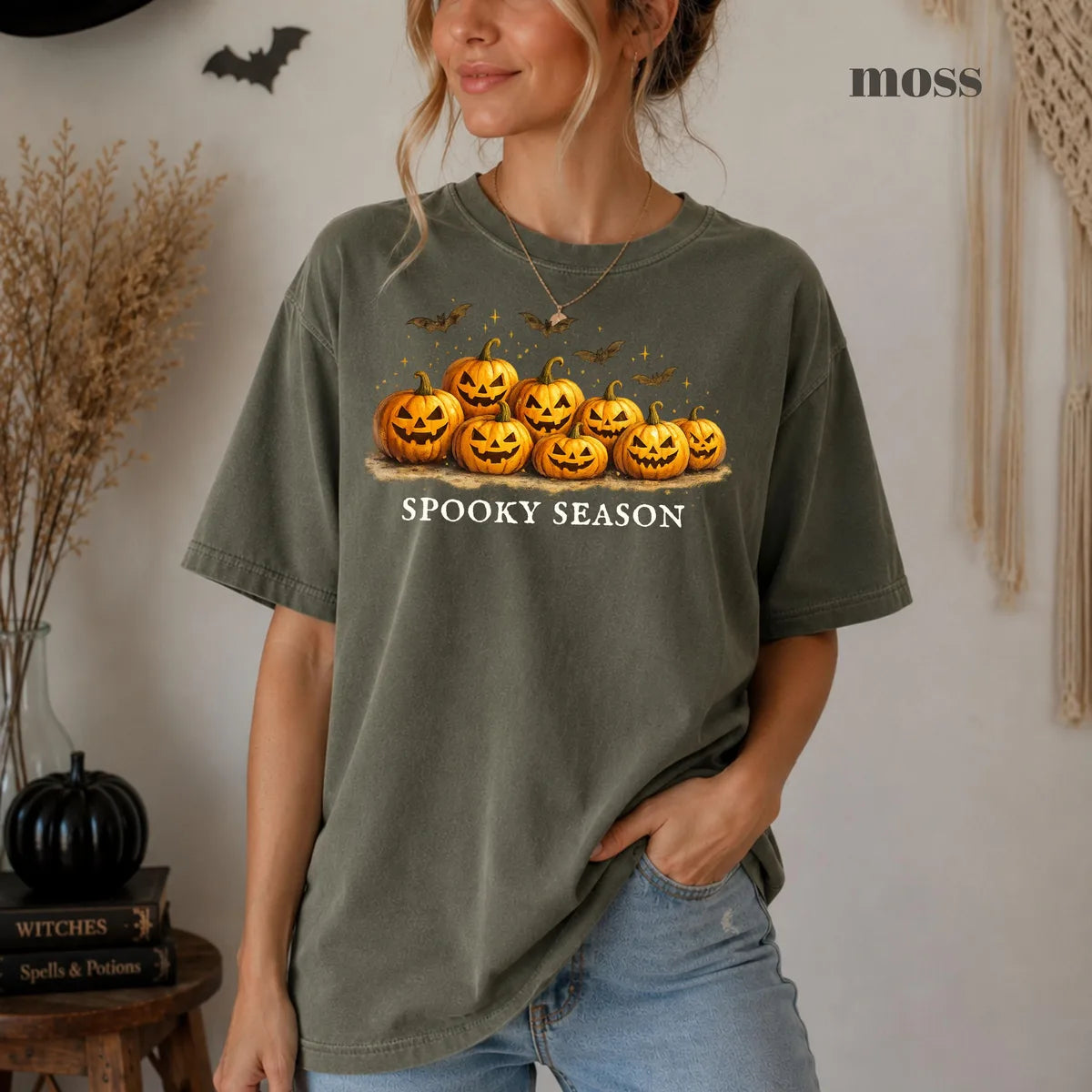 Moss Comfort Colors 1717 T-shirt with Spooky Season Pumpkin design view 2