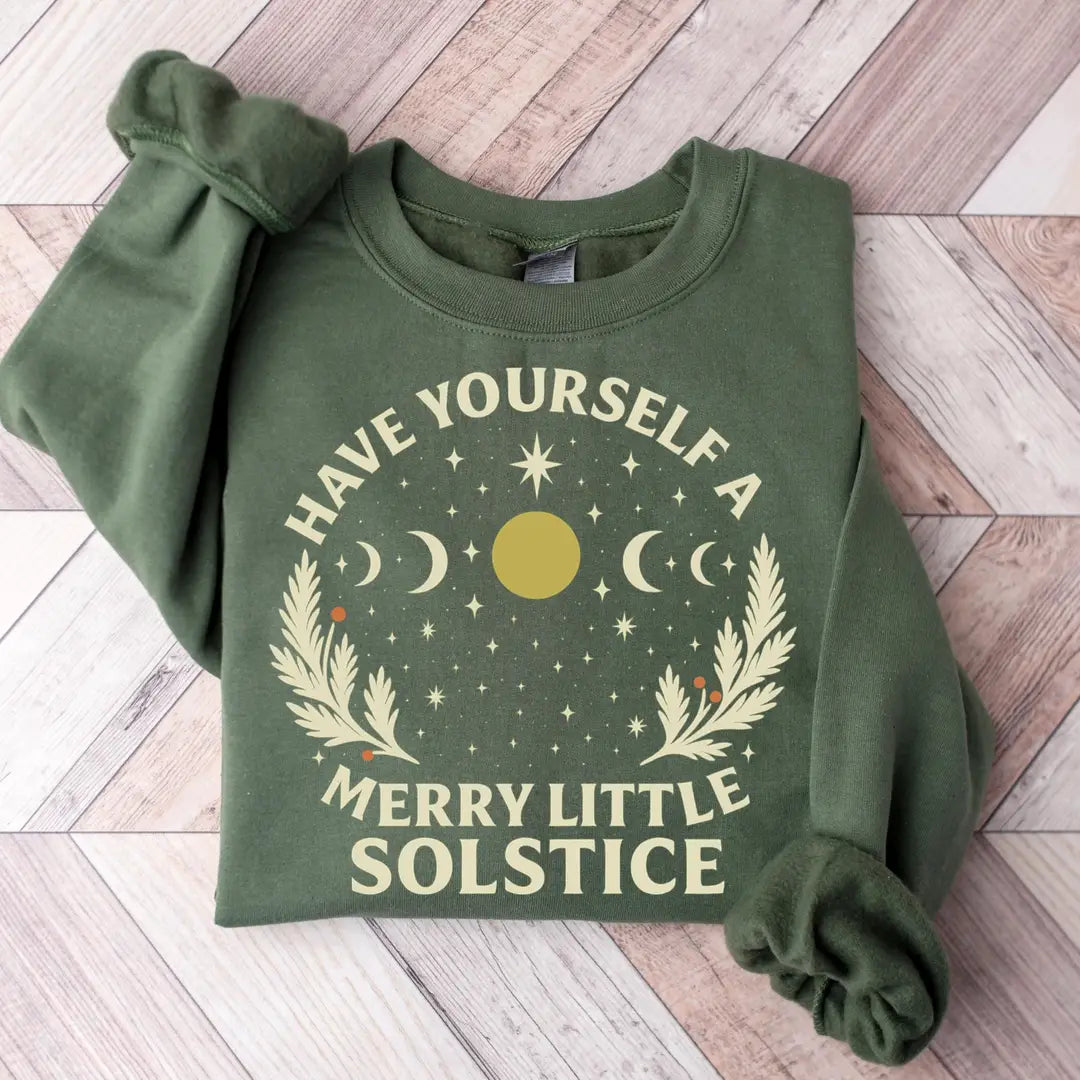 Crewneck sweatshirt with Winter Solstice design, alternate product view.