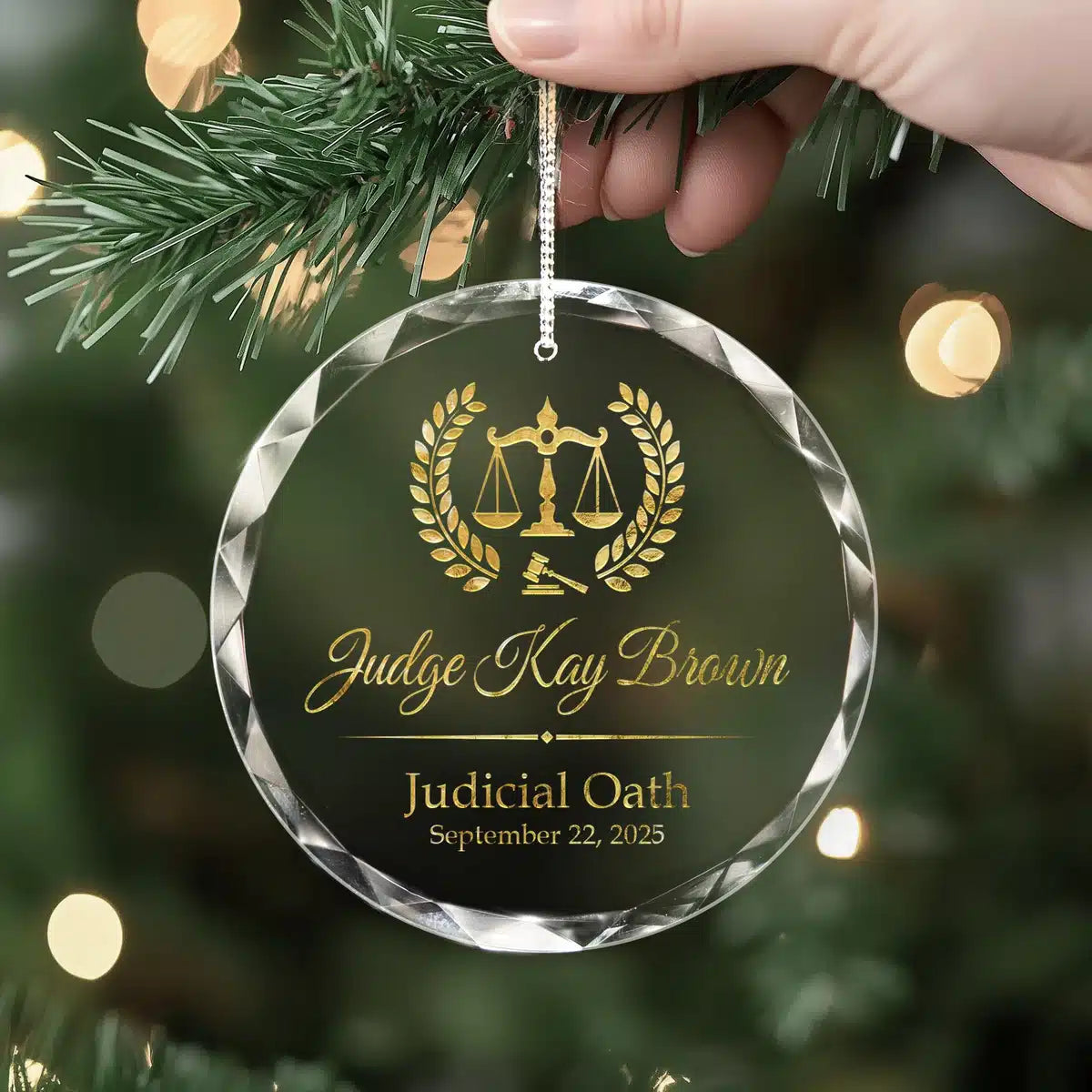 Additional view of a Law Judge personalized engraved engraved crystal glass ornament.