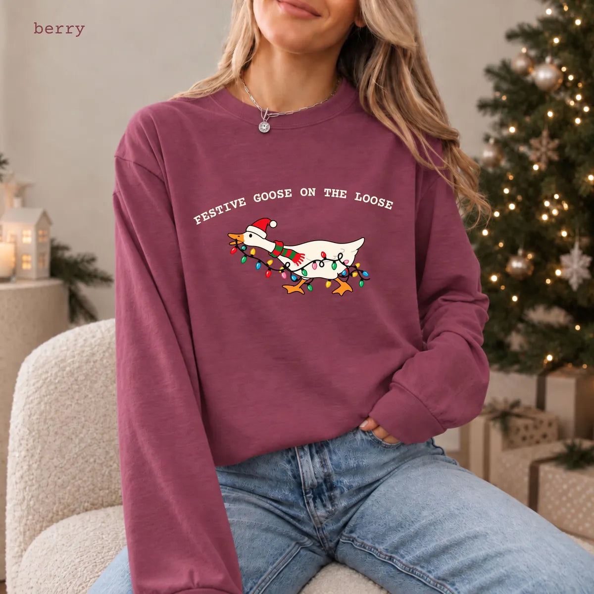 Comfort Colors 1717 T-shirt with Festive Goose on the Loose Christmas design worn by a model view 3
