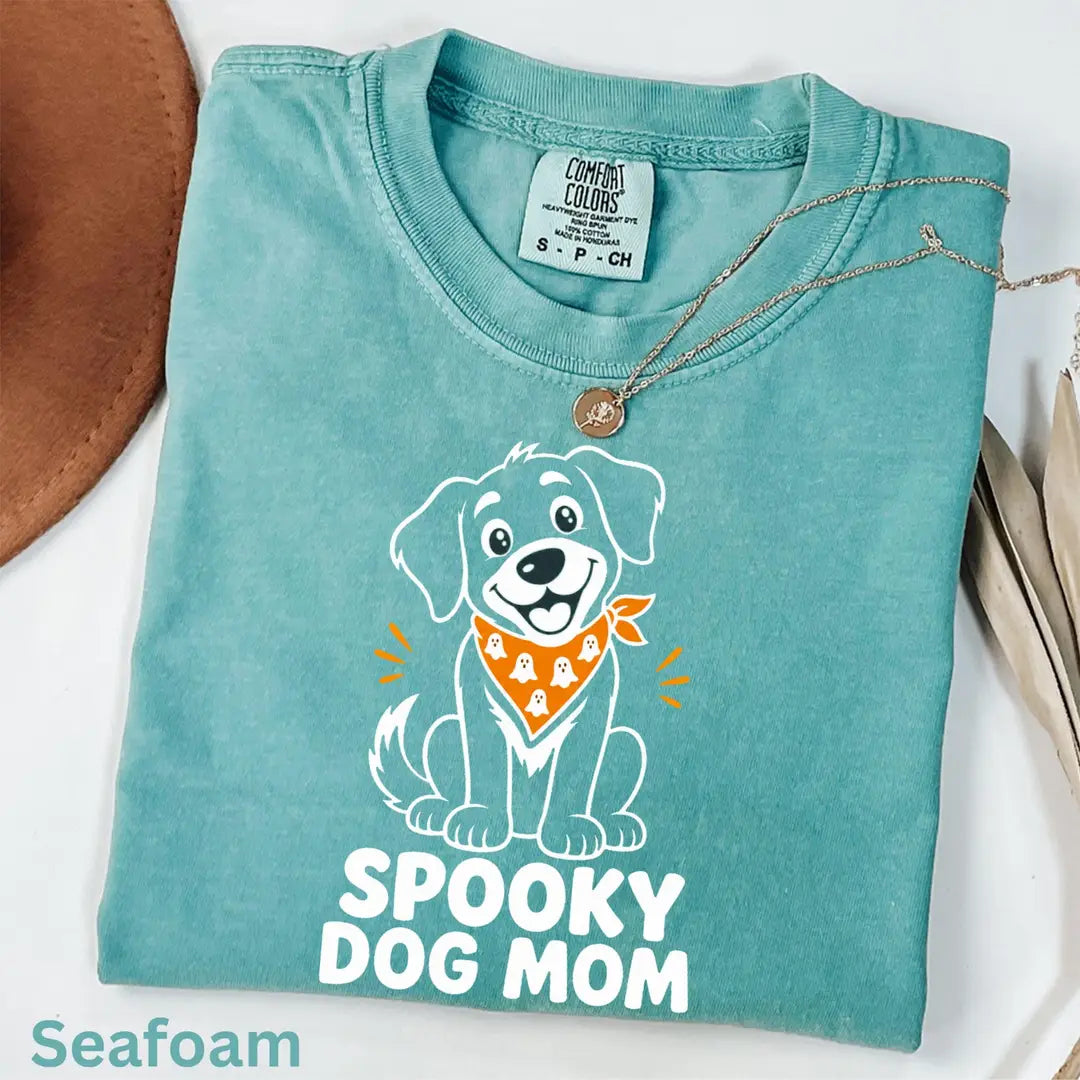 Spooky Dog Mom Halloween Comfort Colors T-Shirt alternate product view in Seafoam.
