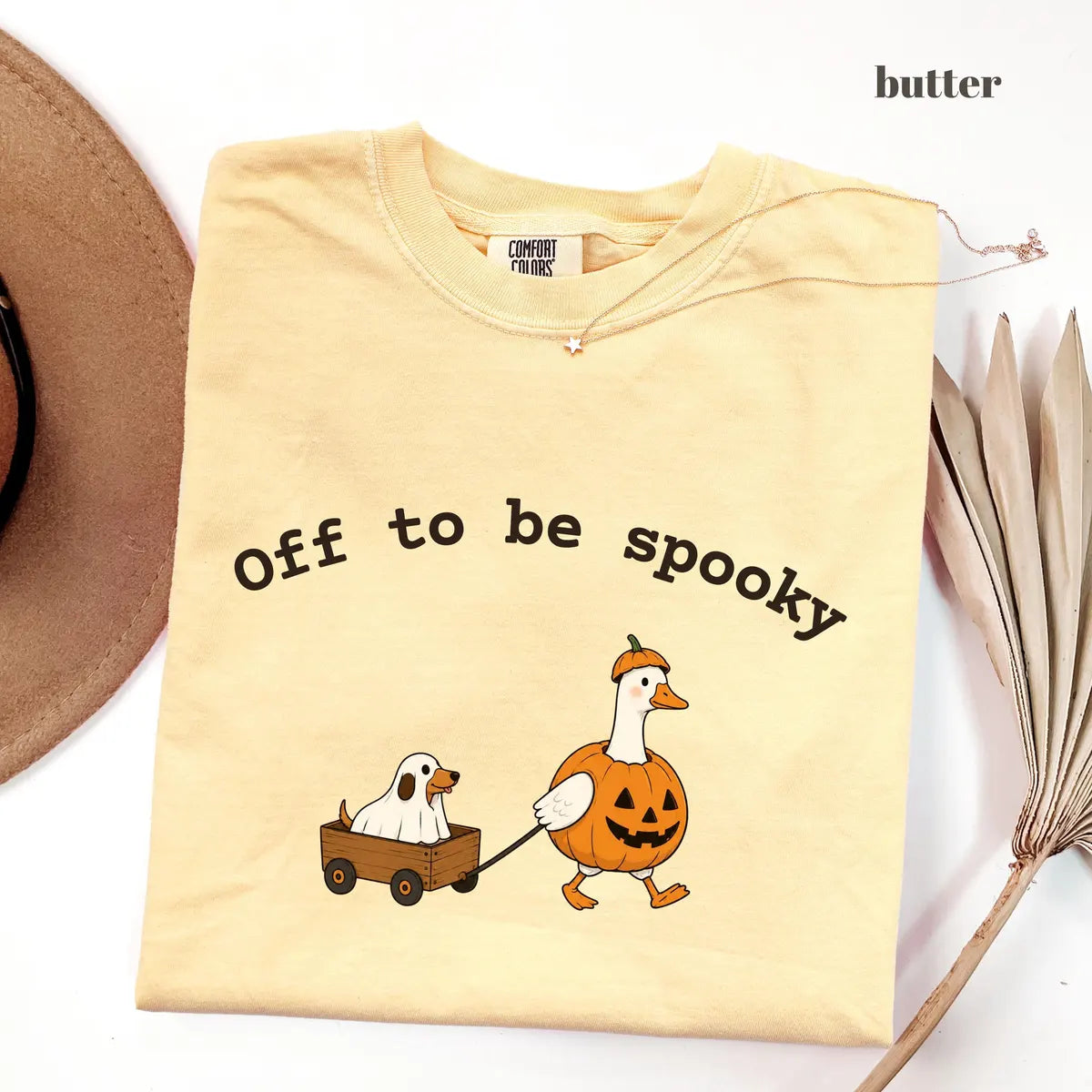 Butter Comfort Colors 1717 T-shirt with Off To Be Spooky design worn by a model