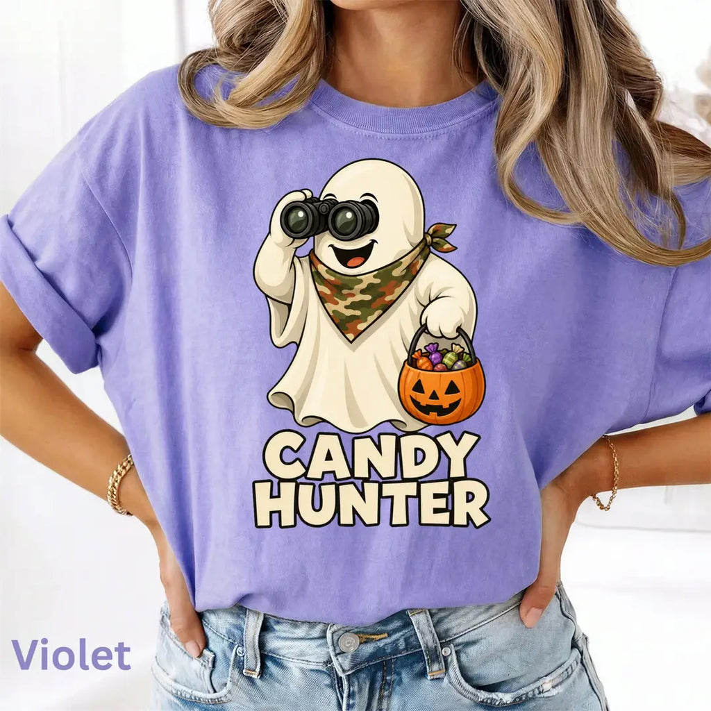 Candy Hunter Camo Halloween Comfort Colors T-Shirt alternate product view in Violet.