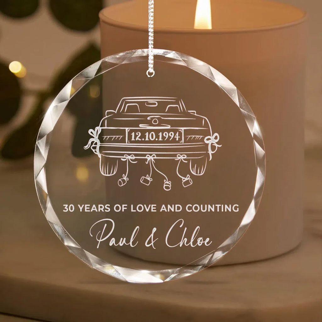 Personalized engraved crystal glass ornament featuring 30th Anniversary.