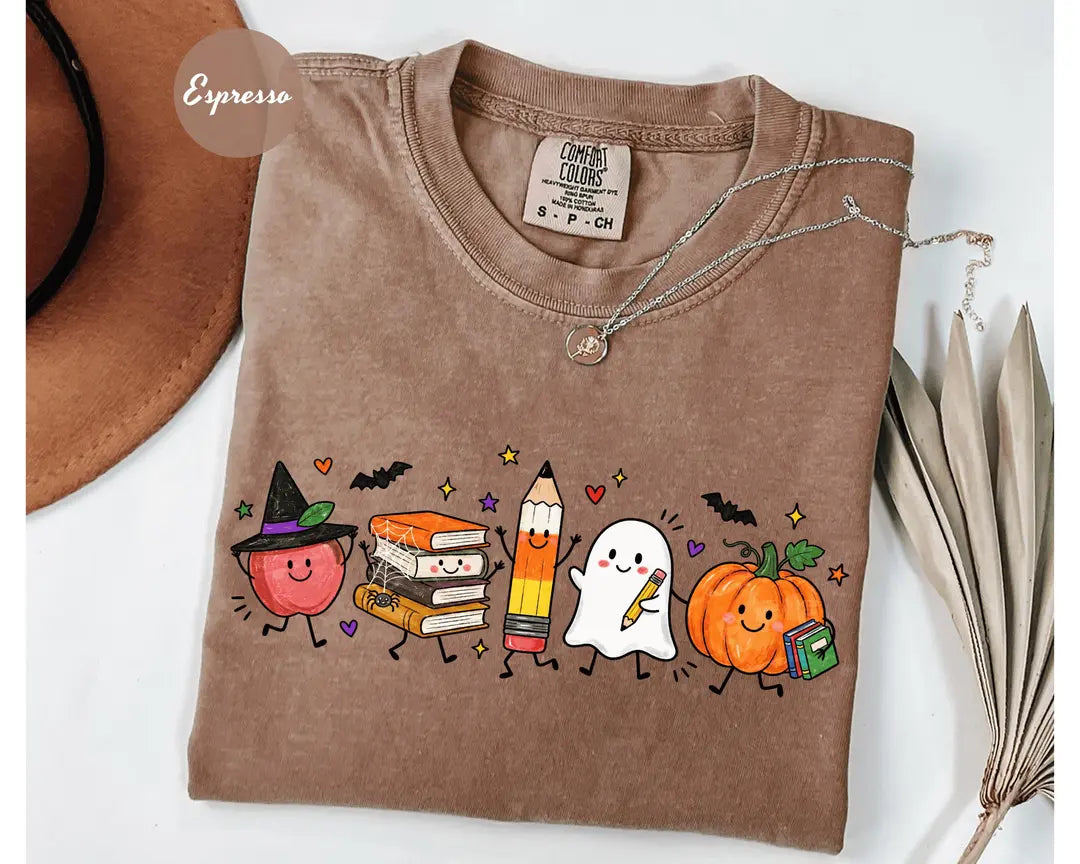 Espresso Comfort Colors 1717 T-shirt with Cute Halloween Teacher design worn by a model