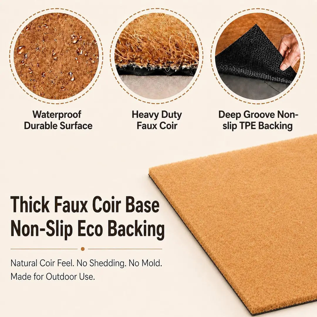 Card with close views of a waterproof faux coir surface, heavy duty faux coir, and a non-slip backing
