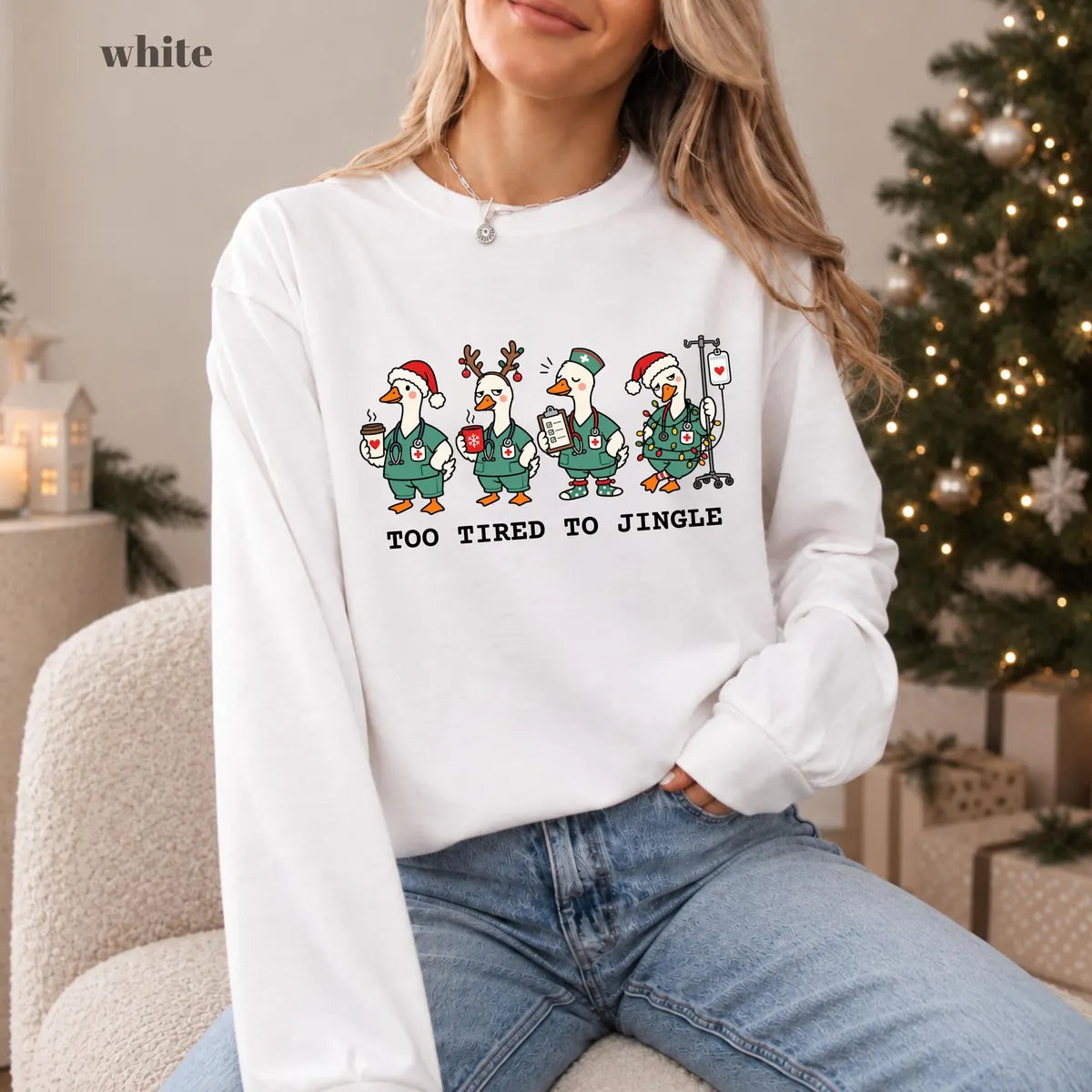 White Comfort Colors 1717 T-shirt with Too Tired to Jingle Nurse design view 2