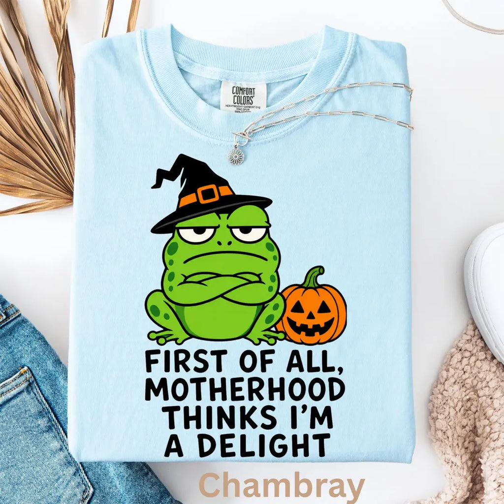 First of All Motherhood Thinks I'm a Delight - Frog Mom Comfort Colors T-Shirt alternate product view in Chambray.