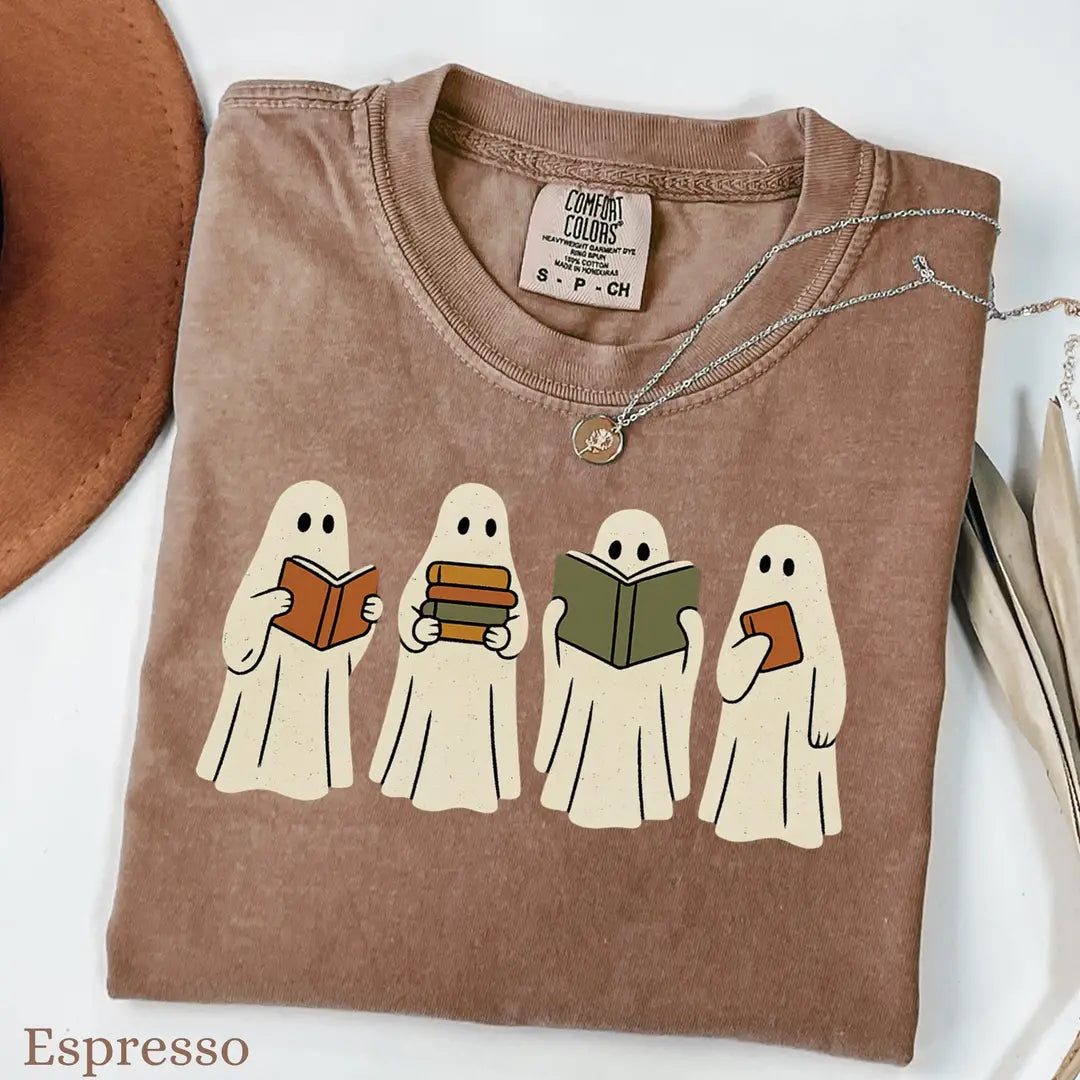 Four Ghosts Reading Books - Bookish Halloween Comfort Colors T-Shirt alternate product view in Espresso.