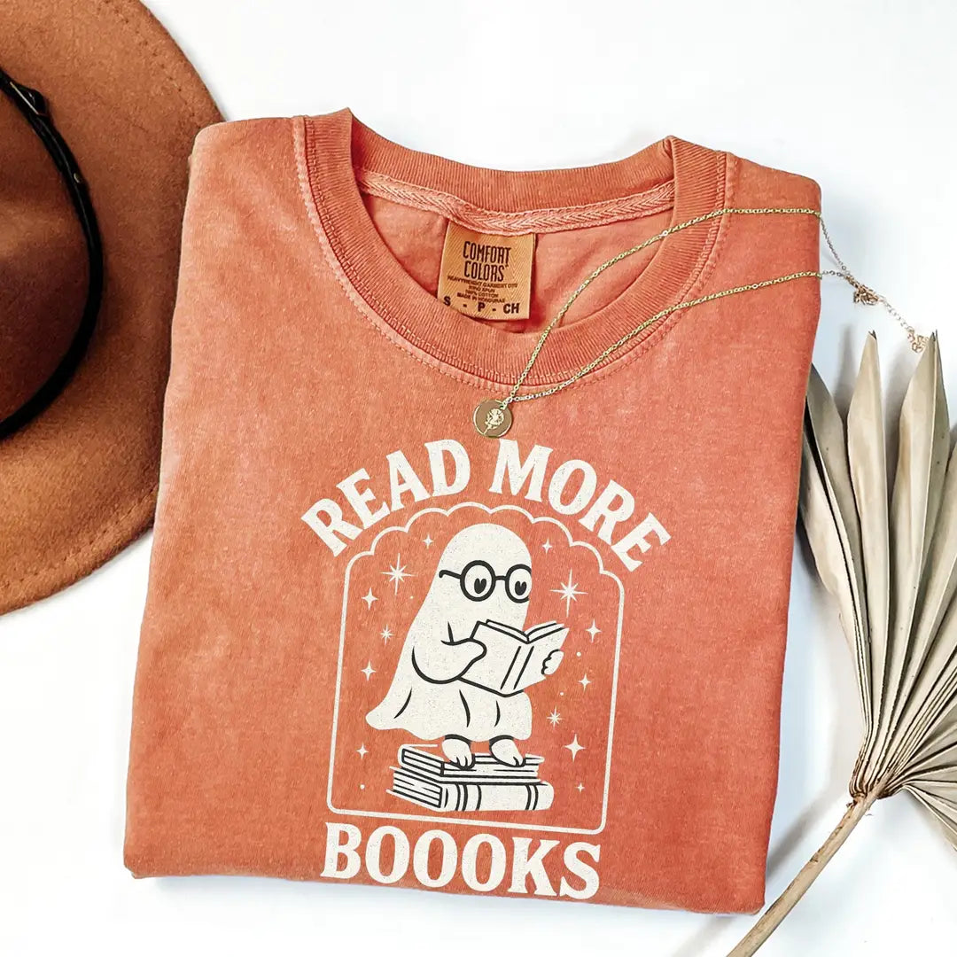 Read More Booooks - Bookish Ghost Halloween Comfort Colors T-Shirt alternate product view in Yam.