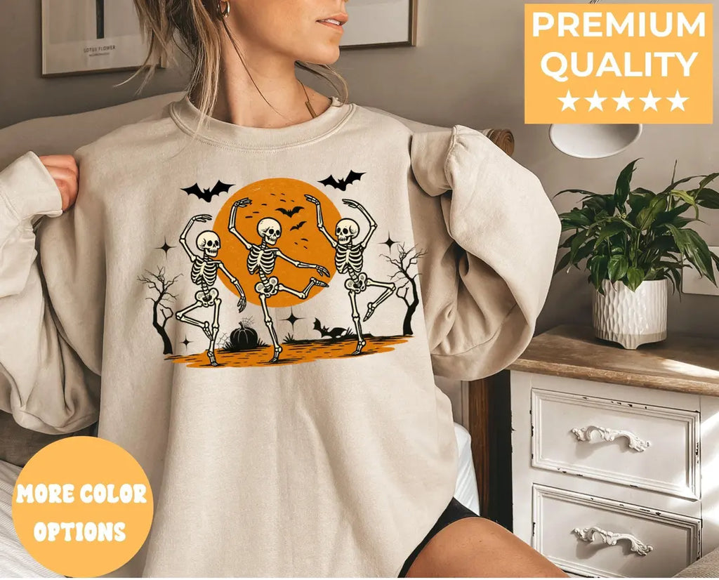 Sand Crewneck sweatshirt with printed Dancing Skeleton Vintage Skull design, alternate product view.