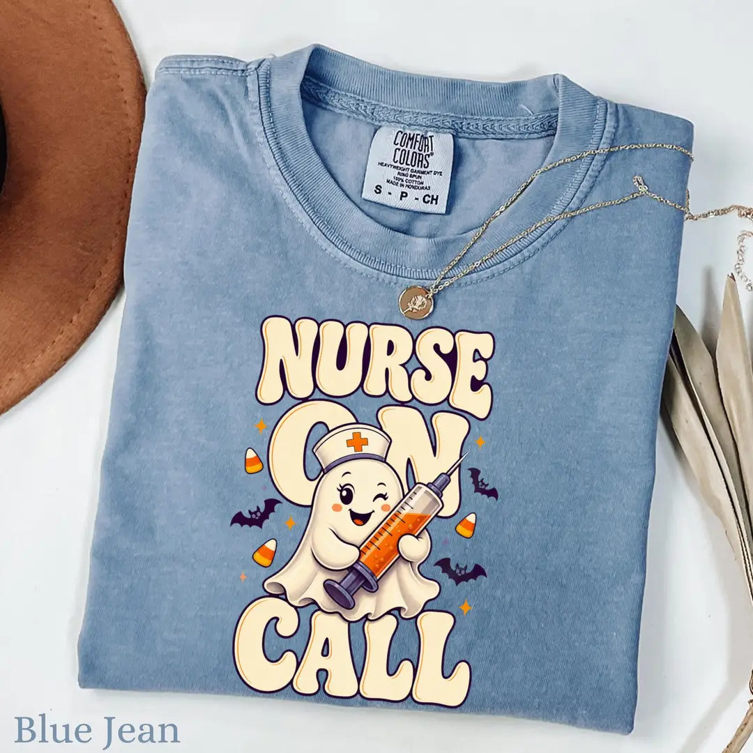 Nurse On Call Halloween Comfort Colors T-Shirt alternate product view in Blue Jean.