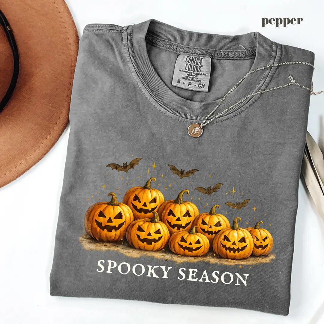 Pepper Comfort Colors 1717 T-shirt with Spooky Season Pumpkin design view 2