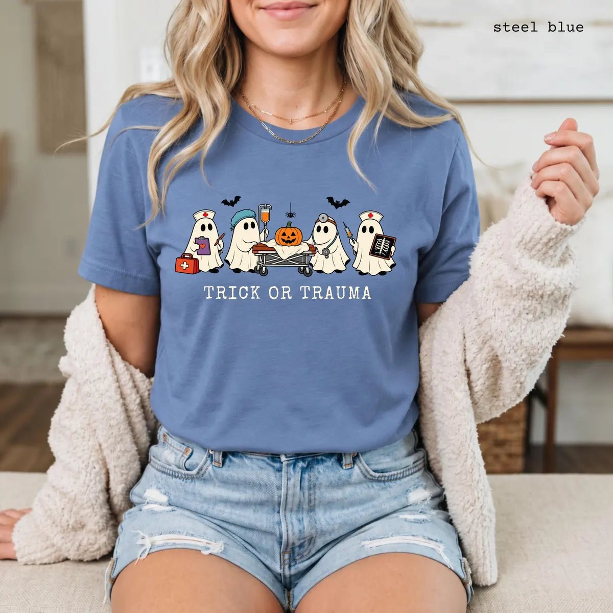 Steel Blue Bella Canvas 3001 T-shirt with Halloween Nurse design