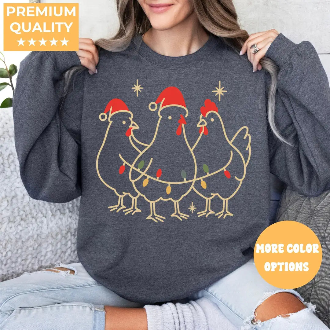 MILITARY GREEN Crewneck sweatshirt with Chicken Christmas design shown on a model.