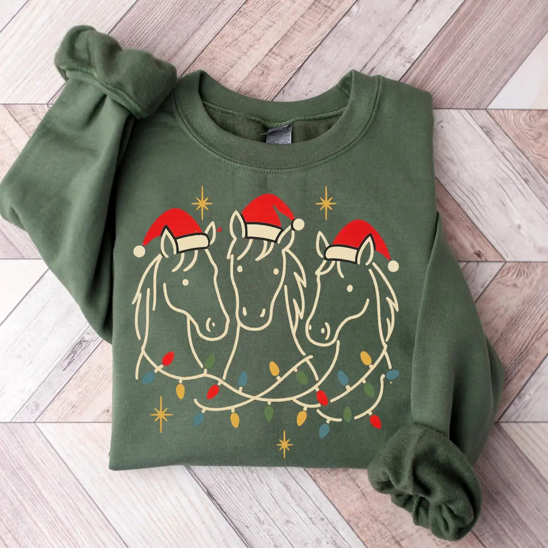 MILITARY GREEN Crewneck sweatshirt with Horse Christmas design, hero view.