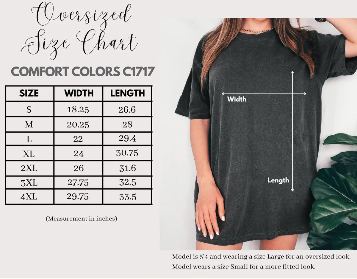 Comfort Colors 1717 T-shirt size chart showing the available adult garment measurements.