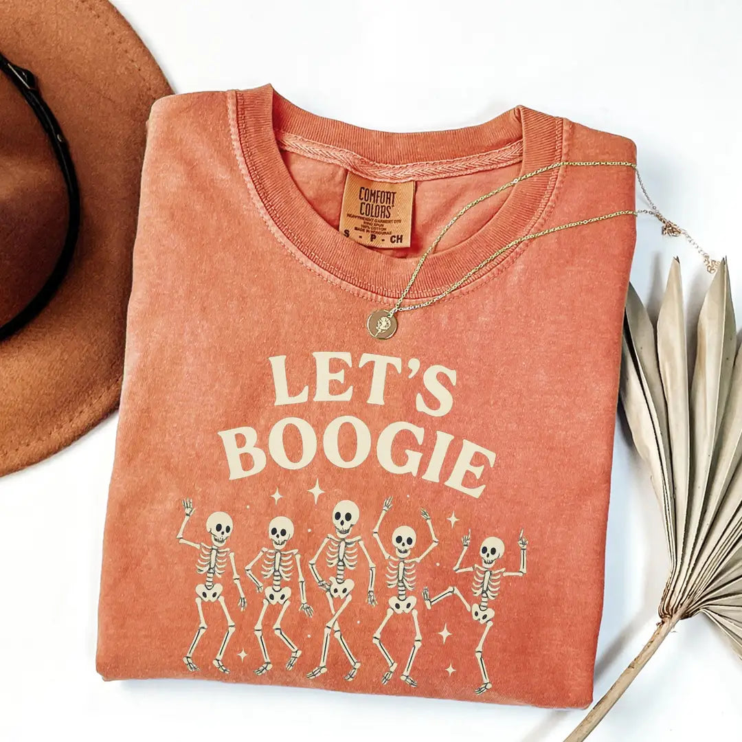 Let's Boogie Skeletons - Retro Halloween Comfort Colors T-Shirt alternate product view in Yam.