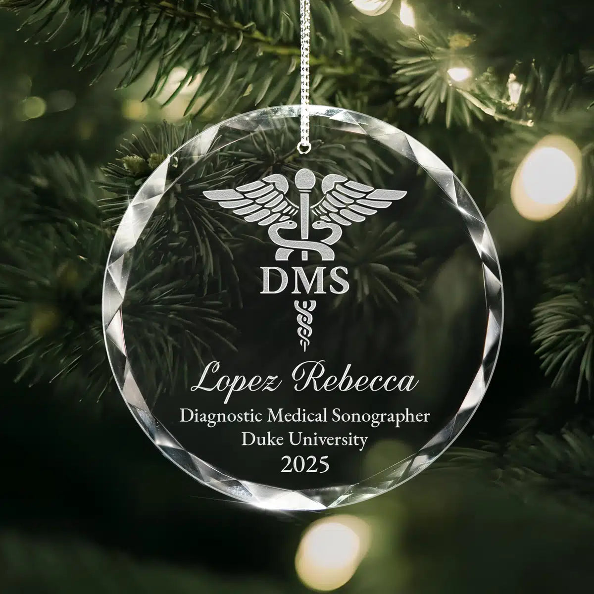Personalized engraved crystal glass ornament featuring Diagnostic Medical Sonographer.