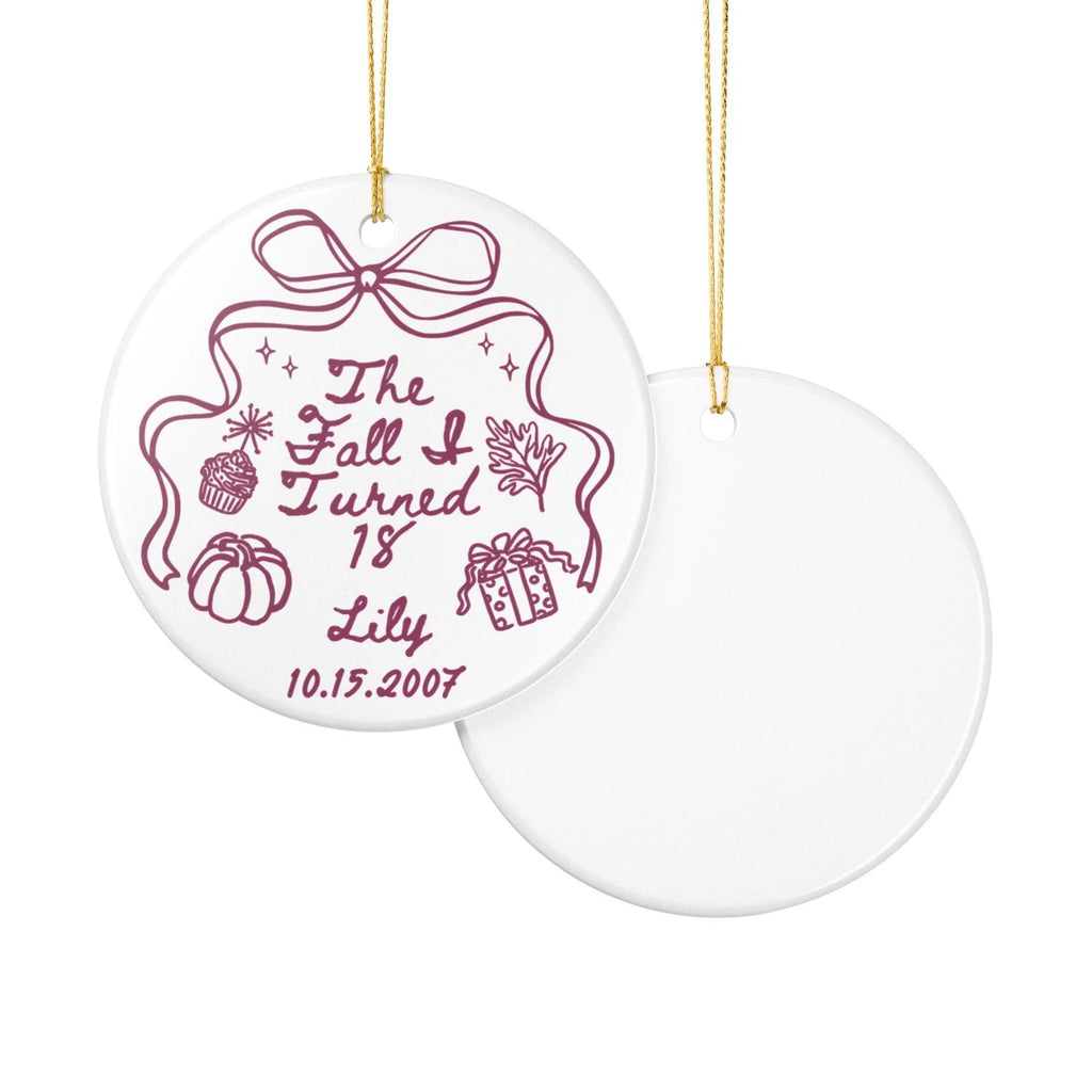 Front and back views of a Fall I Turned 18 personalized ceramic ornament.