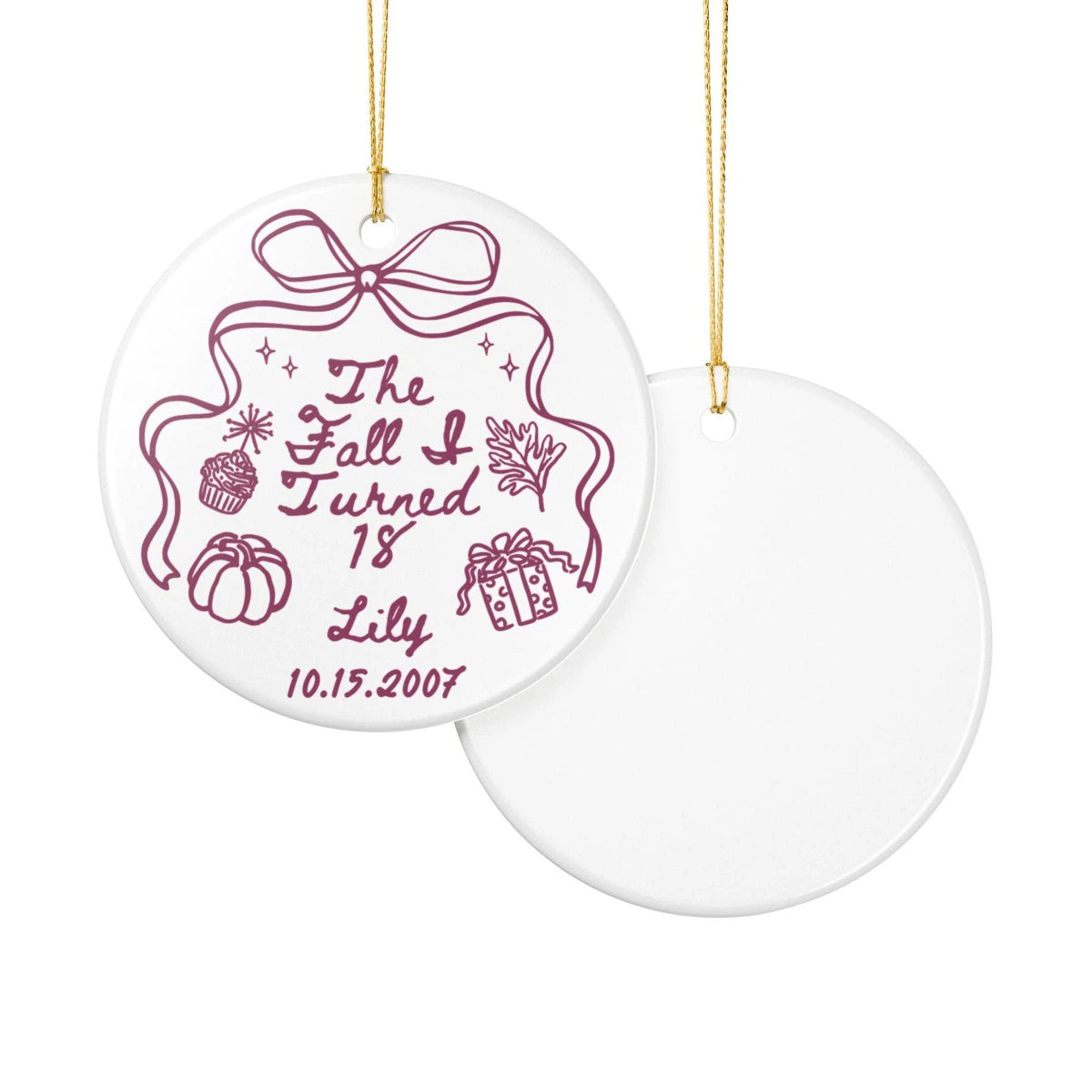 Front and back views of a Fall I Turned 18 personalized ceramic ornament.