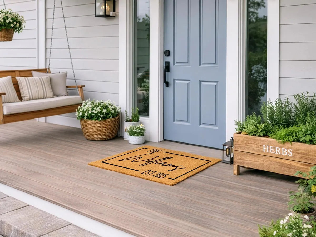 Coir doormat with a framed family name and established year on a porch with a swing and a light blue door