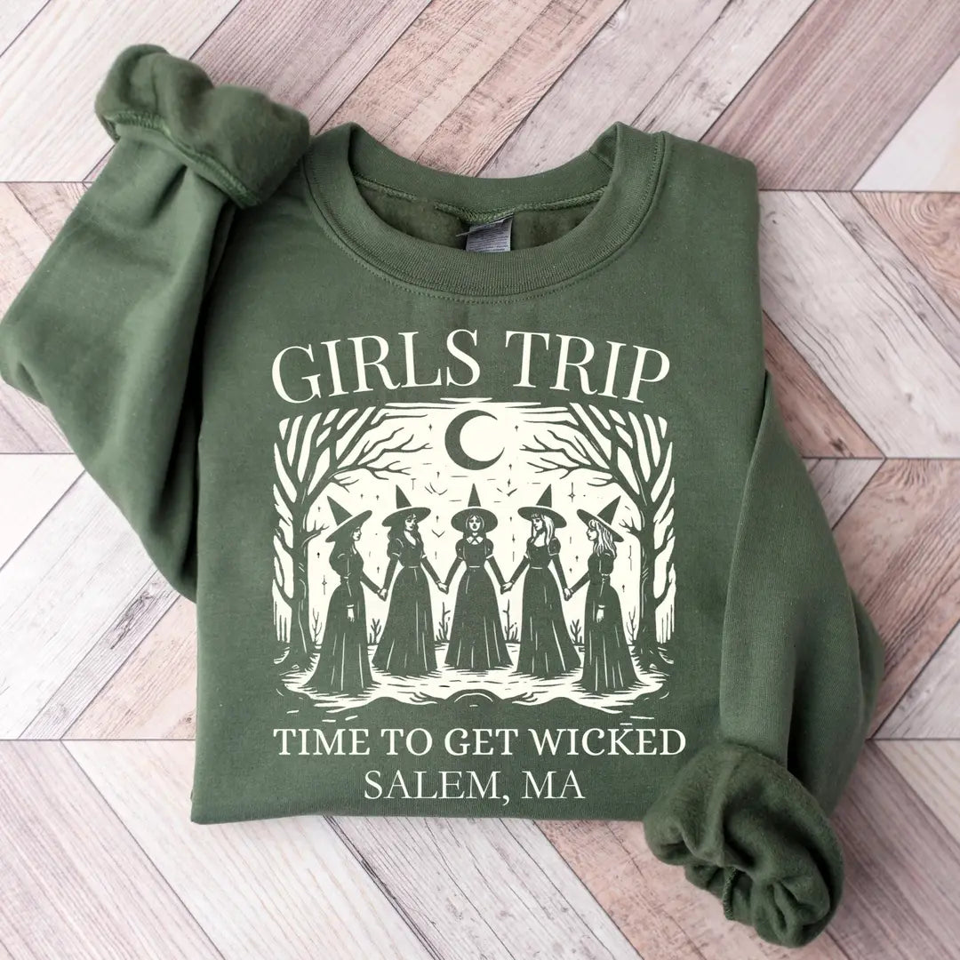 Military Green Crewneck sweatshirt with Salem Girls Trip design, hero view.