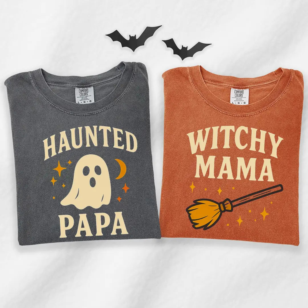 Haunted Papa & Witchy Mama - Matching Halloween Comfort Colors T-Shirt hero view.