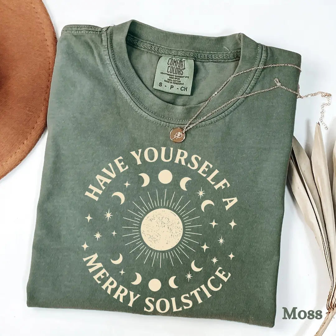 Moss Comfort Colors 1717 T-shirt with Winter Solstice design, alternate product view.