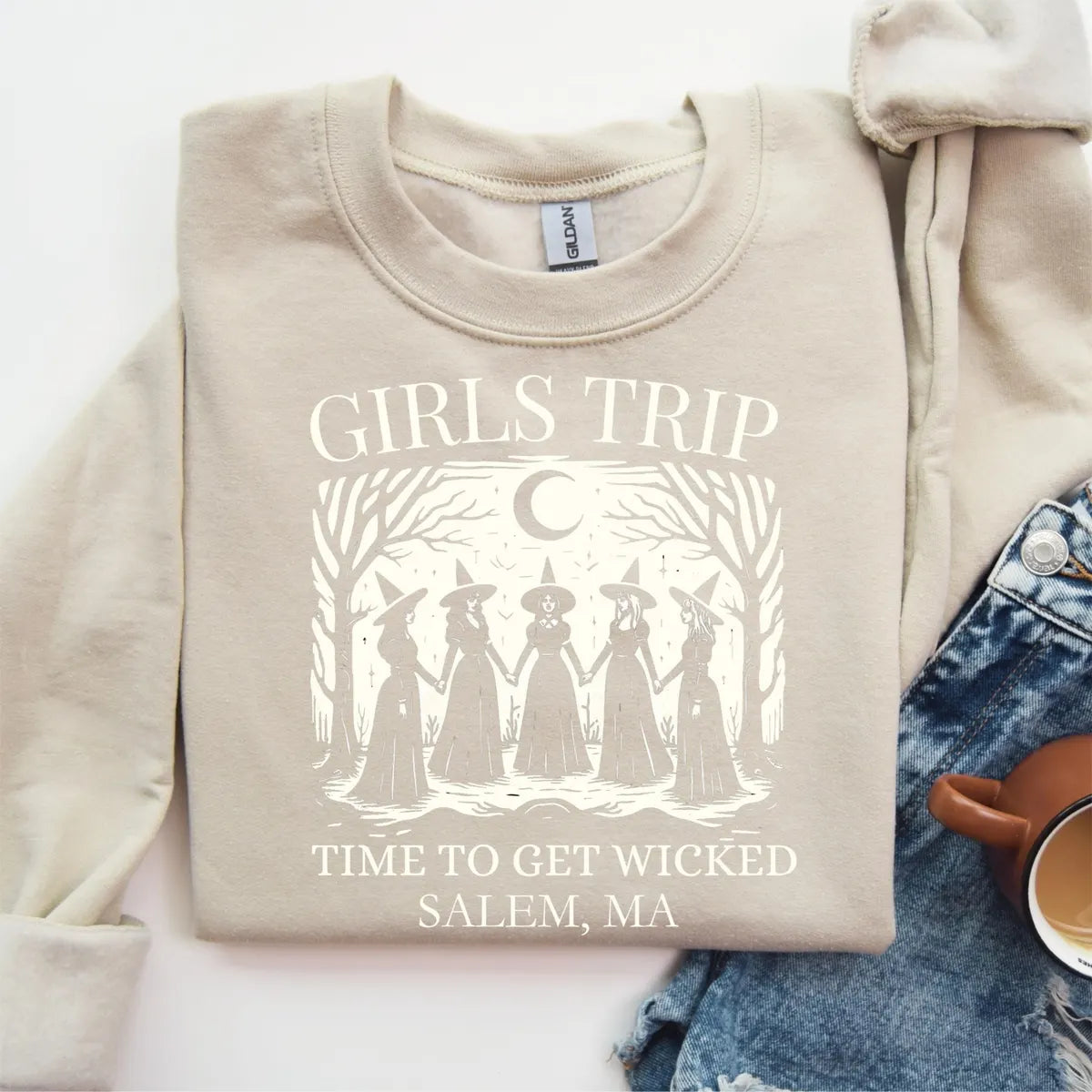 Sport Grey Crewneck sweatshirt with Salem Girls Trip design, alternate product view.