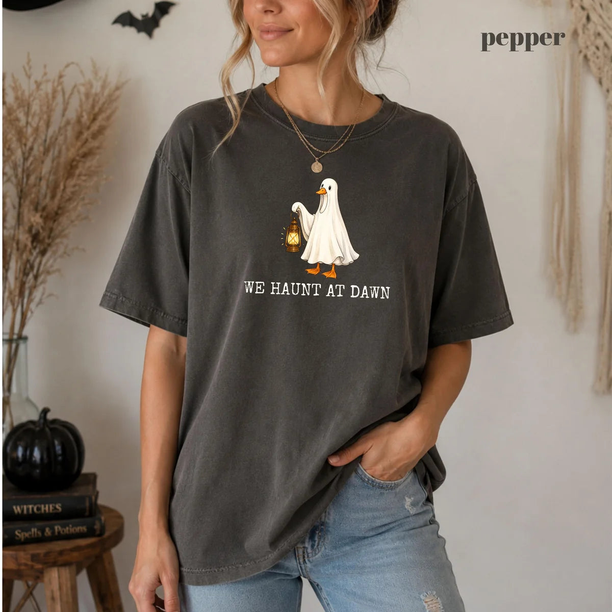 Comfort Colors 1717 T-shirt with We Haunt At Dawn Goose design worn by a model view 3