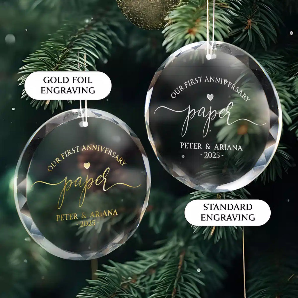 Additional view of a First Anniversary personalized engraved engraved crystal glass ornament.