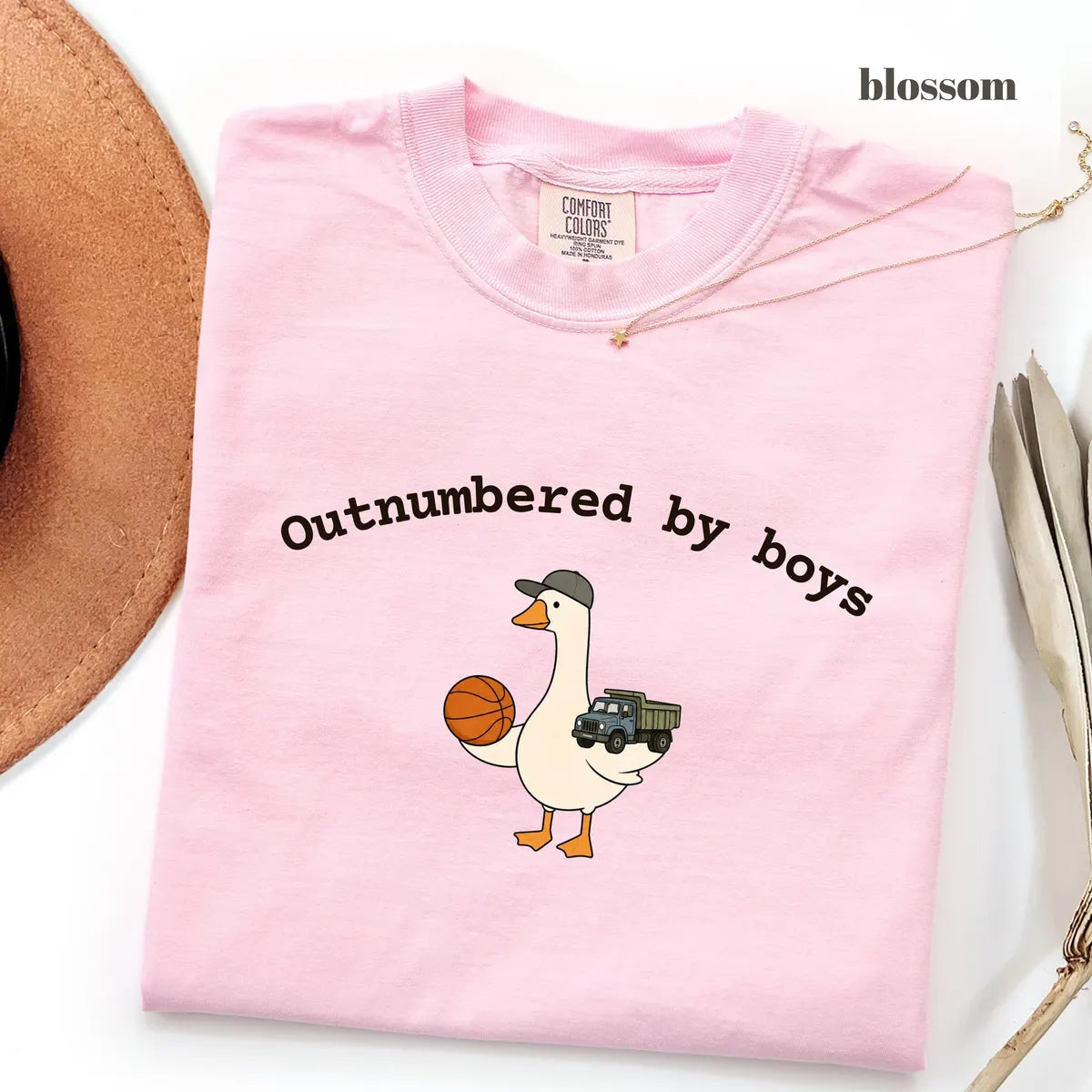 Blossom Comfort Colors 1717 T-shirt with Outnumbered By Boys design worn by a model