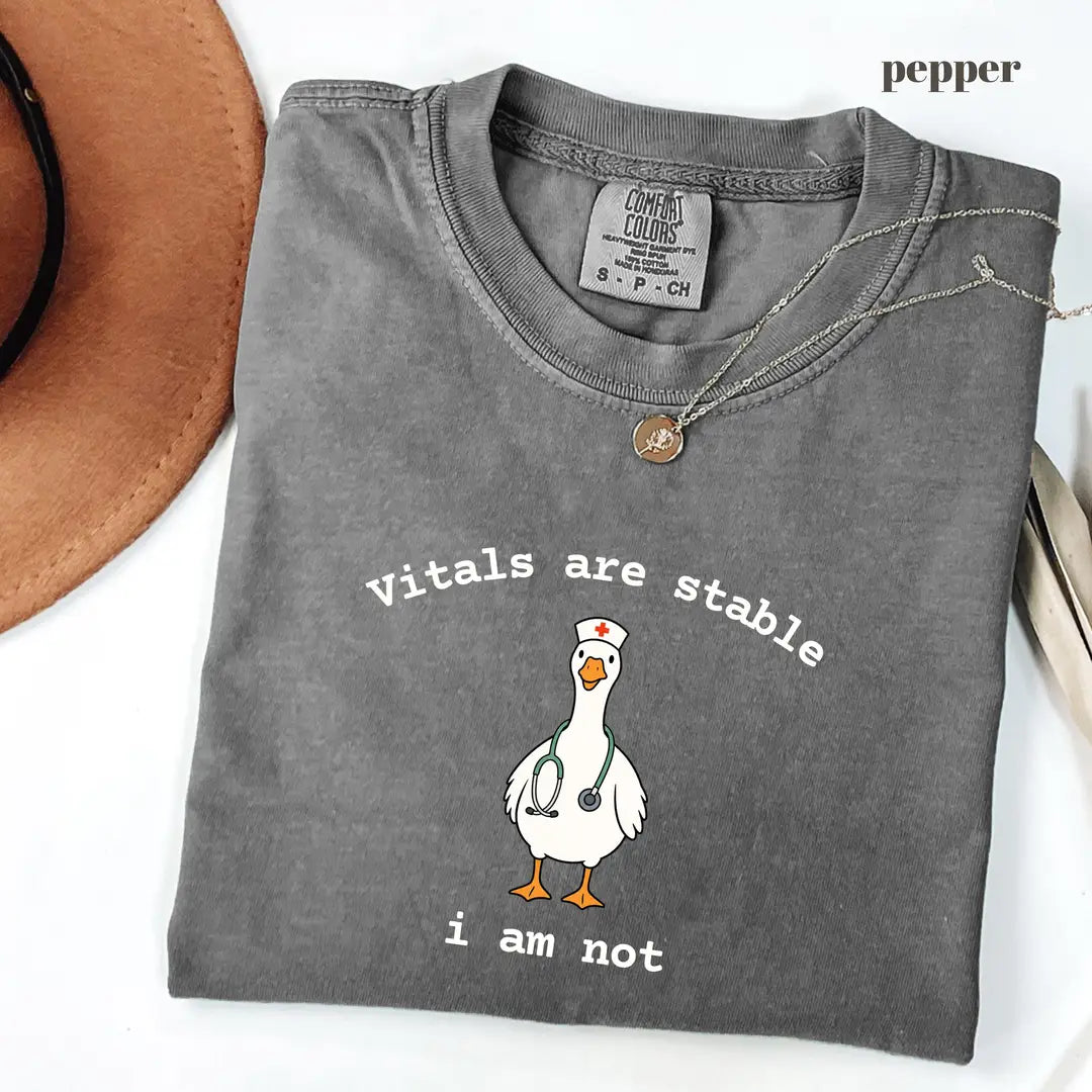 Pepper Comfort Colors 1717 T-shirt with Vitals Are Stable I Am Not design worn by a model