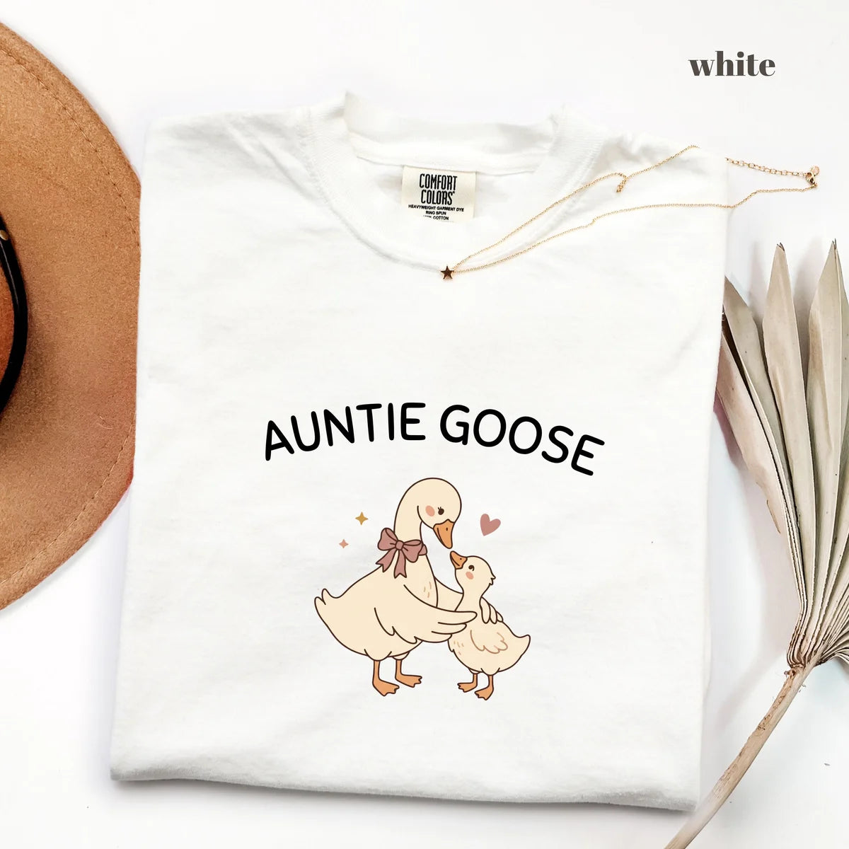 White Comfort Colors 1717 T-shirt with Auntie Goose design worn by a model