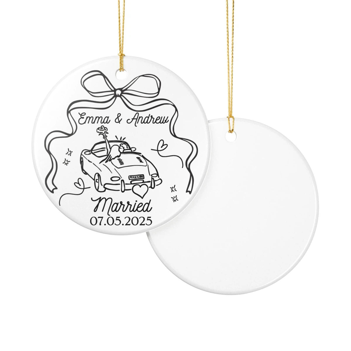 Front and back views of a First Christmas Married personalized ceramic ornament.