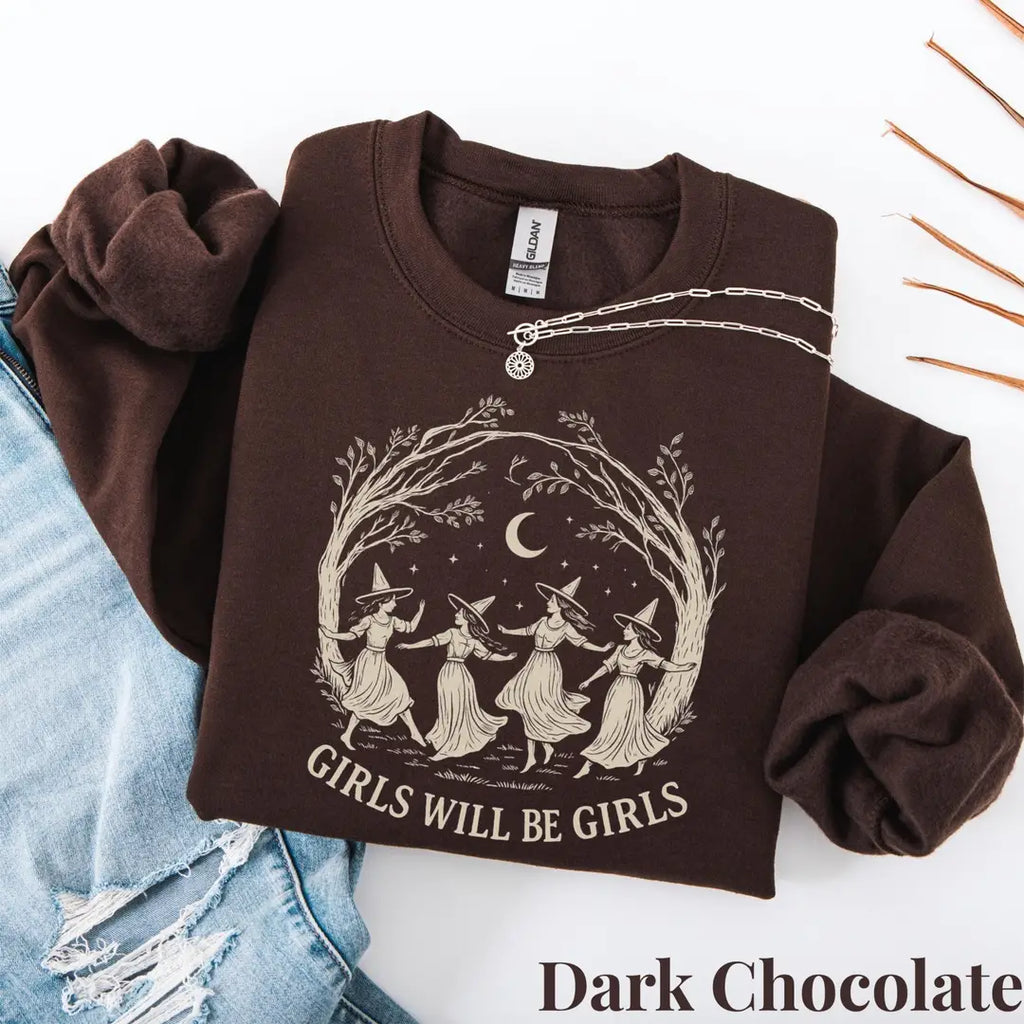 Dark Chocolate Crewneck sweatshirt with printed Vintage Girls Will Be Girls Witch design, alternate product view.