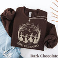 Dark Chocolate Crewneck sweatshirt with printed Vintage Girls Will Be Girls Witch design, alternate product view.