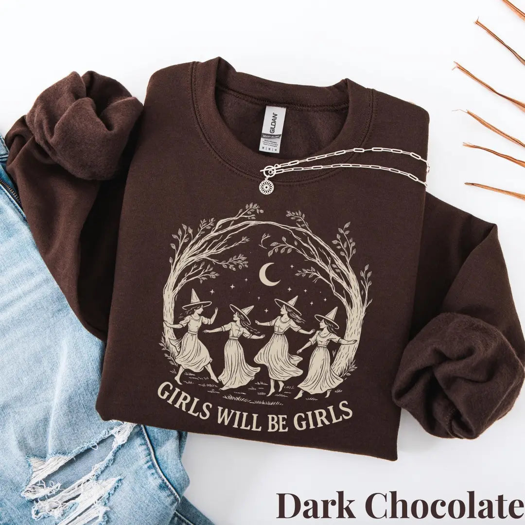 Dark Chocolate Crewneck sweatshirt with printed Vintage Girls Will Be Girls Witch design, alternate product view.