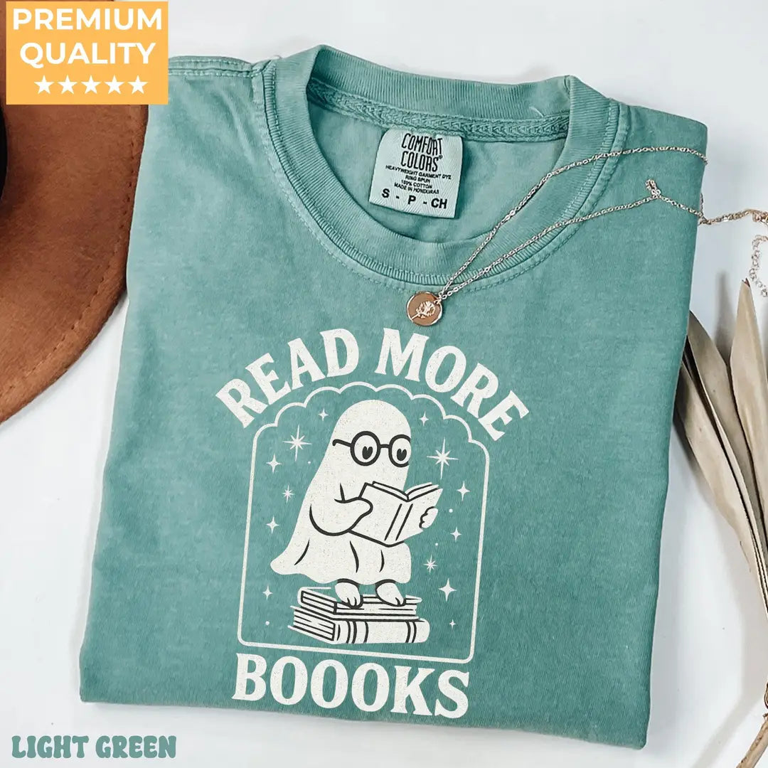 Read More Booooks - Bookish Ghost Halloween Comfort Colors T-Shirt alternate product view in Light Green.