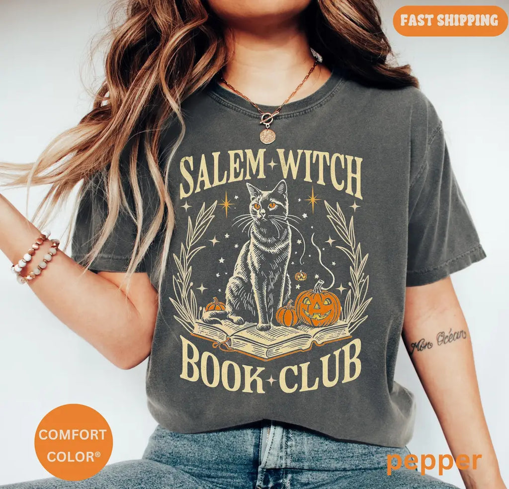 Salem Witch Book Club - Halloween Cat Comfort Colors T-Shirt alternate product view.