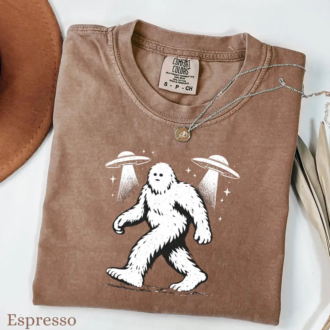 Espresso Crewneck sweatshirt with printed Bigfoot UFO design, alternate product view.