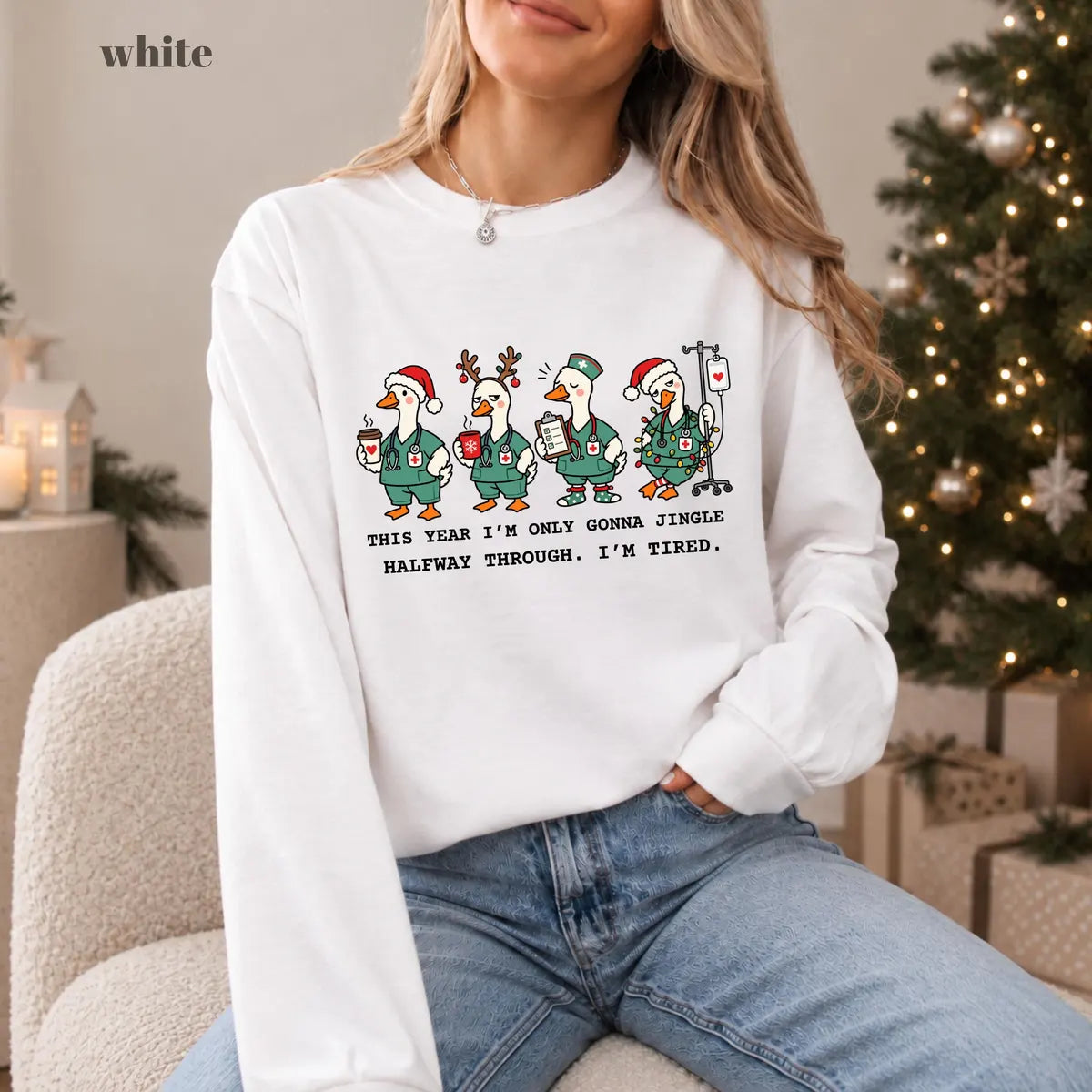 White Comfort Colors 1717 T-shirt with Christmas Nurse design