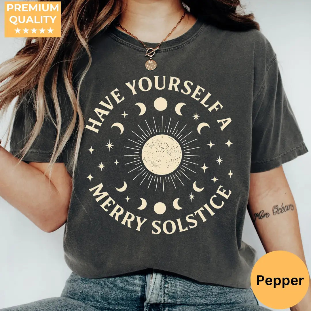 Pepper Comfort Colors 1717 T-shirt with Winter Solstice design, hero view.