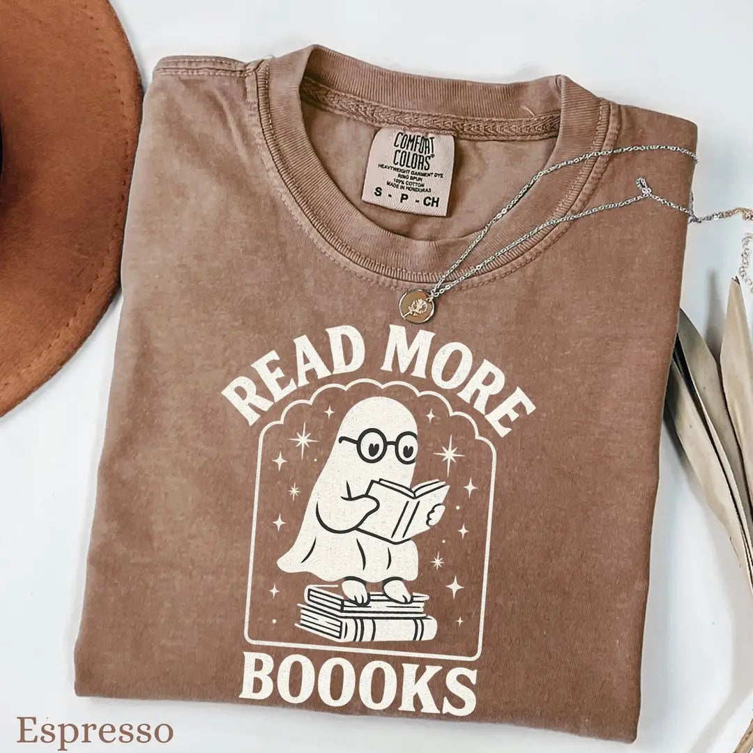 Read More Booooks - Bookish Ghost Halloween Comfort Colors T-Shirt alternate product view in Espresso.