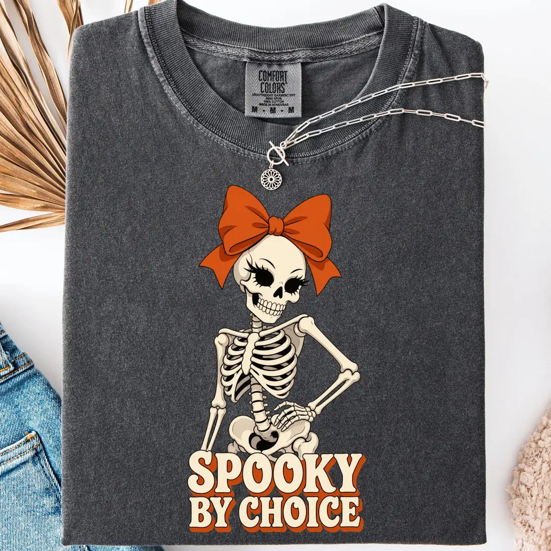 Spooky By Choice Skeleton Comfort Colors T-Shirt alternate product view in Pepper.