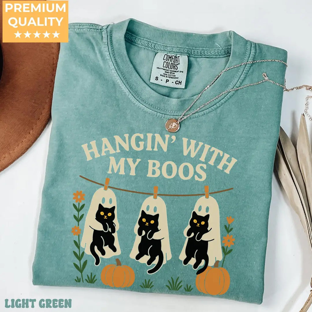 Hangin' With My Boos - Ghost Cat Halloween Comfort Colors T-Shirt alternate product view in Light Green.
